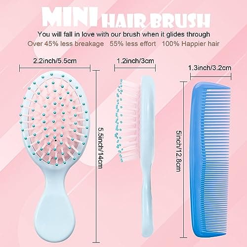 Mini Hair Brush 28 Pack, ANSLCA Hair Brushes Bulk Small Brush Set - Include 14 Travel Brush + 14 Fine Wide Detangling Hair Combs Wet Dry Hair for Girls Women Boys Men Kids (Stylish Colorful) view 3