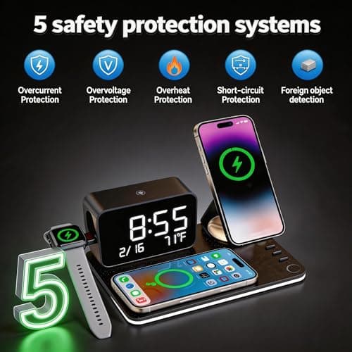 THL MagCharge 7-in-1 Magnetic Wireless Charging Station, 25W Rotatable Stand, Dimmable Ambient, Bluetooth Clock, 65W Adapter Included, for iPhone 17/16/15, Apple Watch, AirPods, Bedside Desk Charger view 4