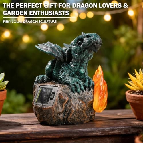 U WONDERFUL Solar Dragon Garden Decor, Porch Dragon Statue with Fiery Light - 6.8 inch Lawn Ornaments, Outdoor Decorative Art Gift for Patio, Yard, Backyard, Porch view 3