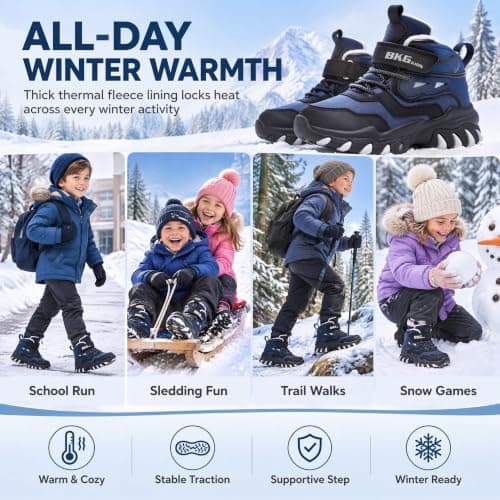 Kids Snow Shoes with Foldable Crampons Anti-Slip Insulated, Adjustable ‌Hook & Loop‌ Waterproof Winter Ankle Boots for Boys Girls Youth Children view 4