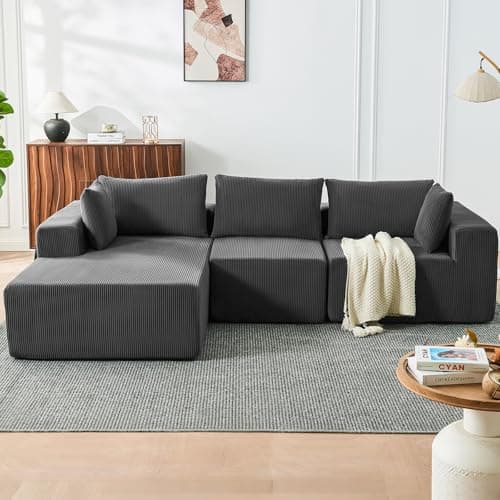 108” Boneless Couches for Living Room, Cloud Modular Sectional Couch, Modular Sectional Sofa with Deep Seat, Modren Comfy Corduroy Fluffy Couch with L-Shaped Chaise, No Assembly Required, Grey