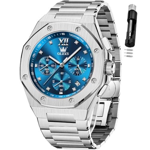 OLEVS Men Watches Chronograph Business Dress Stainless Steel Diamond Mens Wristwatch Blue Waterproof Luminous Two Tone Silver Relojes De Hombre