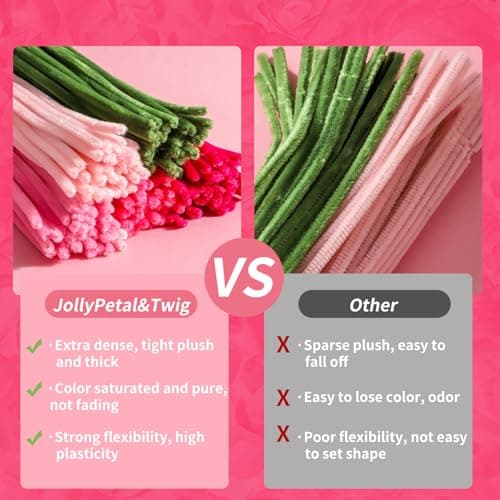 JollyPetal&Twig Pipe Cleaners Craft 5 Colors,Chenille Stems Plush Craft Kit,Pink Pipe Cleaners Flowers Kit with Floral Tape for Wedding Gifts Graduation Bouquet (Pink) view 4
