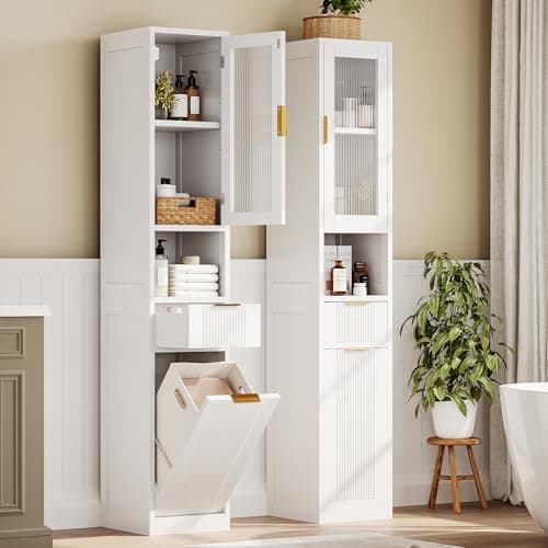 iPormis 67" Tall Bathroom Storage Cabinet with Reeded Glass Door, 1 Drawer, Removable Laundry Basket & Adjustable Shelf, Freestanding Narrow Cabinet for Bathroom, Living Room, Small Spaces, White view 1
