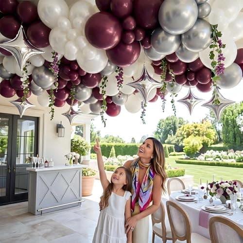 Double Stuffed Burgundy & Pearl White Balloon Arch Garland Kit, Dark Plum Purple Balloons with Silver Foil Stars for Mother's Day,Graduation,Wedding,Bridal,Baby Shower,Birthday Party view 2