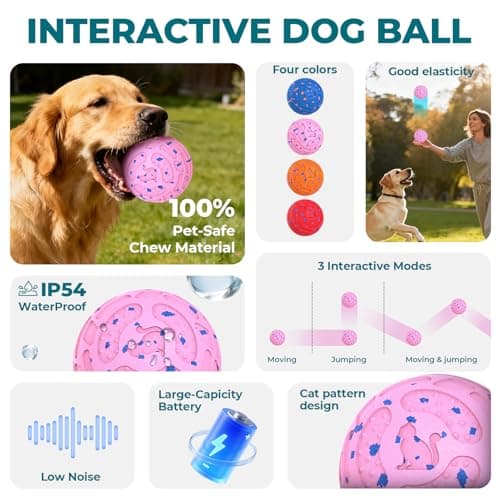 KITPLUS Smart Interactive Dog Toy Ball – Automatic Moving, Bouncing & Rolling, 3 Modes, Chew-Proof E-TPU Shell, Waterproof, Rechargeable,Dog Ball for Medium and Large Dogs, Pink view 2