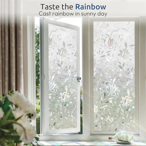 rabbitgoo Window Privacy Film, Decorative Stained Glass Window Film, Sun Blocking Glass Clings, Renter-Friendly Static Cling Frosted Sticker Covering for Home Door, Rainbow Tulip 17.5" x 78.7" view 5