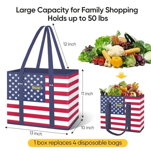 BALEINE 3Pk Reusable Grocery Bags, Foldable Shopping Bags for Groceries with Reinforced Bottom & Handles (Patriot Celebration) view 3