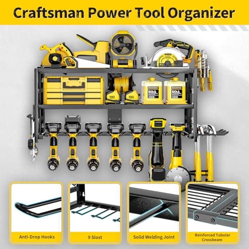 SEENWUUN Power Tool Organizer Wall Mount Heavy Duty 320 lbs, 3 Layers Storage Rack with 9 Drill Holders & Battery Storage, cordless tool organizer for Garage, Workshop & Tool Room view 5