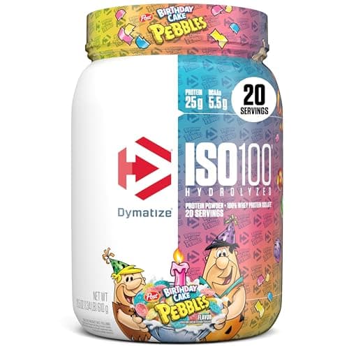 Dymatize x Birthday Cake Pebbles ISO100 Whey Protein Powder Isolate, 25g of Protein, 20 Servings, 5.5g BCAAs, 120 Cal., Gluten Free, 1g Fat, 1g Sugar, 2g Carb
