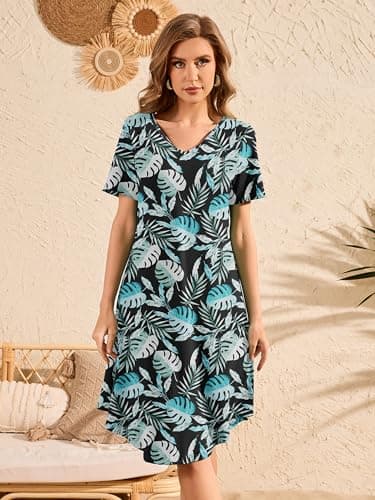 DEARCASE Women's T Shirt Dress Short Sleeve V-Neck Spring Summer Casual Loose Flowy Swing Midi Tunic Dresses view 3