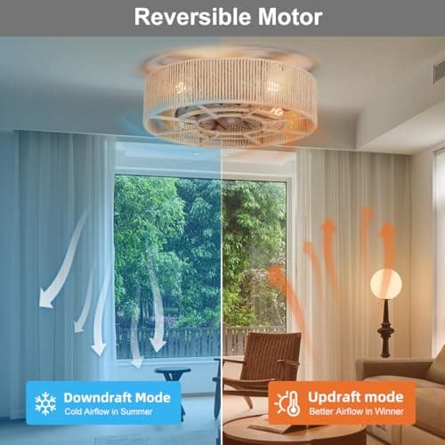 SHLUCE 18" Boho Caged Ceiling Fan with Light, Fandelier Flush Mount Ceiling Fan with Light, Small Low Profile Bladeless Ceiling Fans with Lights and Remote for Bedroom, Living Room, Rattan - ETL view 5