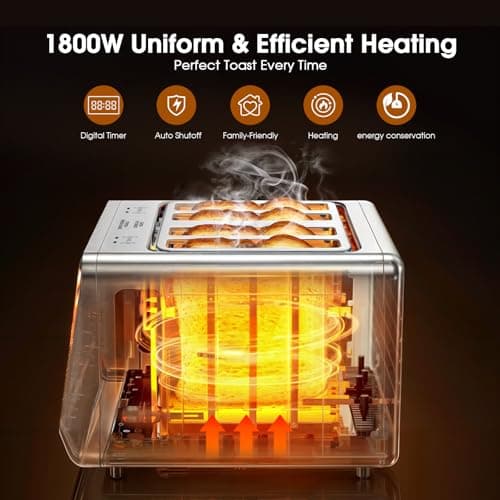 4 Slice Toaster Wide Slot– Dual Digital TouchScreen & Independent Control Panel | Single-Slot Tech Timer/Reheat/Defrost for Bagels Bread | 1800W Stainless Steel 6 Toast Types & Shade Settings view 3