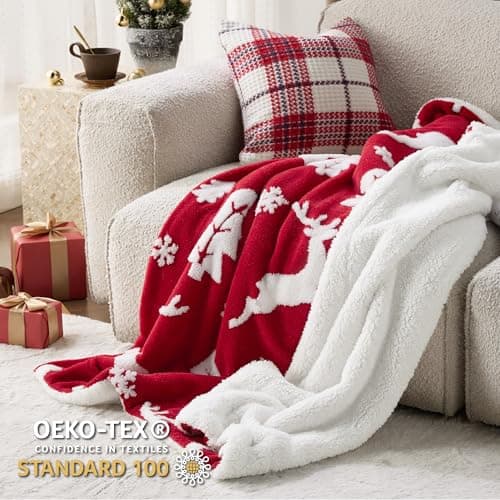 Bedsure Christmas Throw Blanket for Couch - Christmas Decorations Gifts for Women, Warm Sherpa Deer Throw Blanket, Red 50"x60" view 3