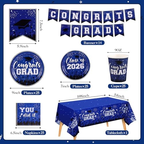 NatNarr Graduation Decorations 2026, Blue Graduation Party Supplies Include Class Of 2026 Grad Plates Napkins Cups Tablecloth Congrats Grad Banner for Middle College High School, Serve 25 Guest view 3
