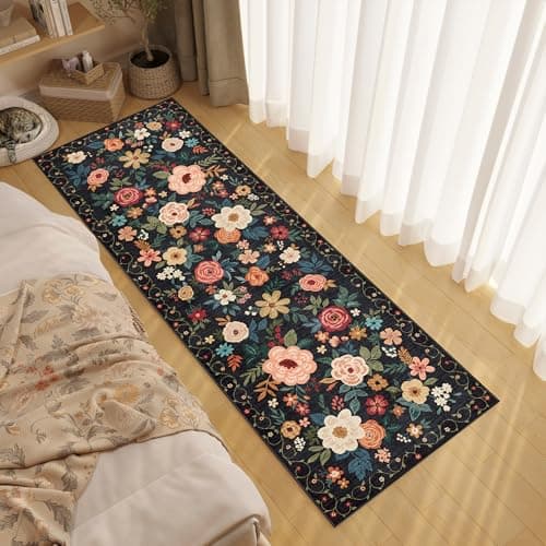 DUKINO 2x6 Runner Rug for Hallway, Washable Kitchen Runner Rug with Non Slip Backing, Low Pile Soft Boho Floral Runner for Kitchen, Hallway, Entryway, Laundry, Bedroom, Black view 2