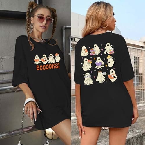 Halloween Shirts for Women Oversized Ghost Reading Books T-Shirt Cute Spooky Bookish Short Sleeve Tee Tops view 4