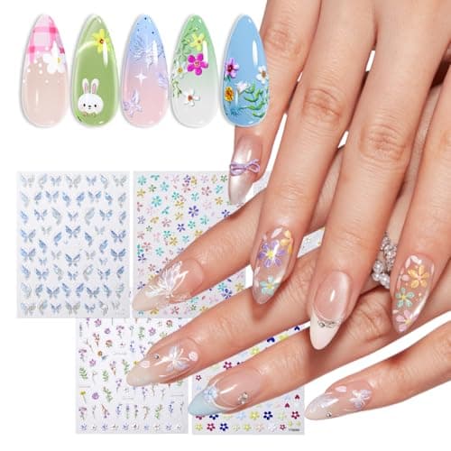 modelones Flower Nail Stickers, 3D Embossed Colorful Floral Daisy Heart Bunny Nails Supplies Flower Nail Art Design for Spring Easter Manicure DIY Nail for Women & Kids 5Pcs — image 1