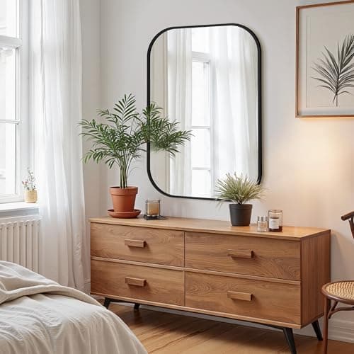 24" x 36" Bathroom Vanity Mirror for Wall, Black | Metal Framed, HD Tempered Glass, Rounded Rectangle Shape, for Over Sink, Bedroom, Entryway, Living Room, Vertical/Horizontal view 6