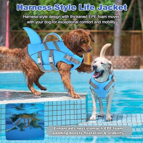 Dogcheer Dog Harness-Style Life Jacket Shark, Reflective Dog Life Vest for Swimming Boating, Adjustable Puppy Swim Vest, Pet Floating Device for Small Medium Large Dogs - Blue, L view 2