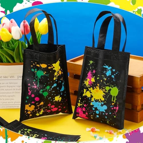 Hosuly 24 Pieces Neon Party Favor Bags Glow Gift Bags Glow in the Dark Candy Pouches Non Woven Graffiti Party Goodie Pouches with Handle for Boy Girl Neon Theme Birthday Supplies Decoration view 4