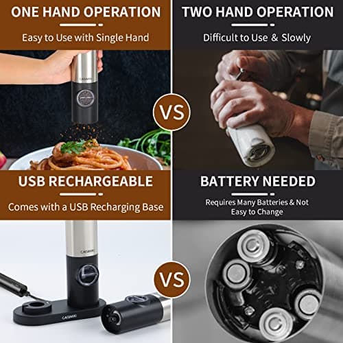 CAISIMIKI Electric Salt and Pepper Grinder Set Rechargeable Automatic Pepper Mill Grinder Stainless Steel Kitchen Gadgets Adjustable Coarseness Shakers, One Hand Operation, 2 Pack view 6