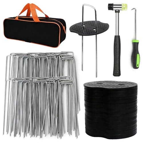 202Pcs Garden Stake Staple kit, 100Pcs 6-inch U-Shaped Landscape Staples, 100 Fixing Gasket, Pick Hook, Rubber Mallet Used for for Weed Barrier Fabric, Ground Cover, Holding Fence and Artificial Turf view 1