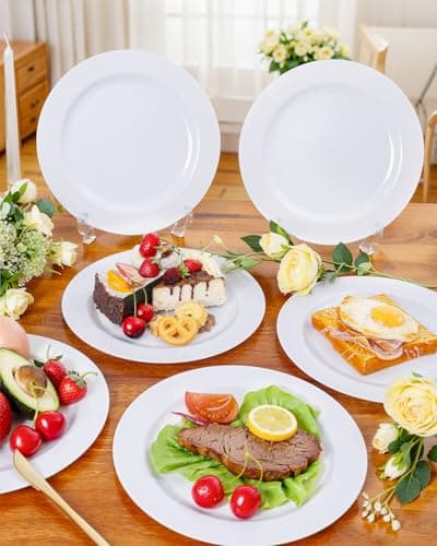 PULOTE 100PCS White Plastic Plates - 10 Inch Heavy Duty White Dinner Plates Disposable for Party & Wedding view 6