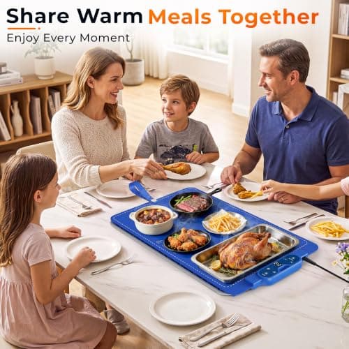 FJAU Warming Mat for Food， Extra Large 26"x15", 7 Heat Levels, 8 Hour Timer | Electric silicone heating mat for food, countertop warming trays, warming pads for buffets, chafing dishes and parties, Blue view 5