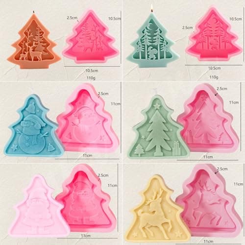 6pcs Christmas Tree Shaped Silicone Mold Set, Atarvana Relief Style Christmas Molds with 10pcs Candle Wick for Soap Candle Making -Christmas Trees, Santa Claus, Reindeer, Snowman view 6