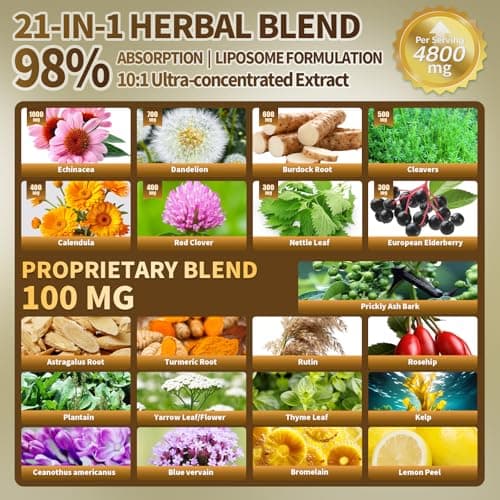 21-in-1 Liposome Lymphatic Drainage Supplements, 45 Day Supply, 4800mg Immune & Lymph System Support, 10:1 Concentrated Technology, Echinacea, Dandelion, Burdock, Bromelain, Calendula, 90 Capsules view 3