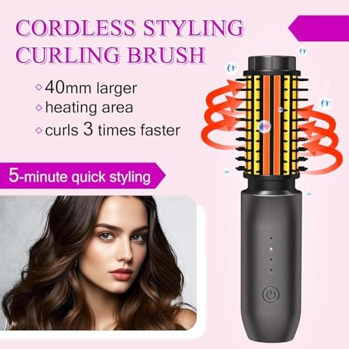 Mini Cordless Curling Iron Brush, Portable Hair Straightening Brush, Cordless Hair Curler Anti-Frizz with Negative Ions, 3-in-1 Crimper Hair Tool, Rechargeable Wave Curling Wand - Night Purple view 3