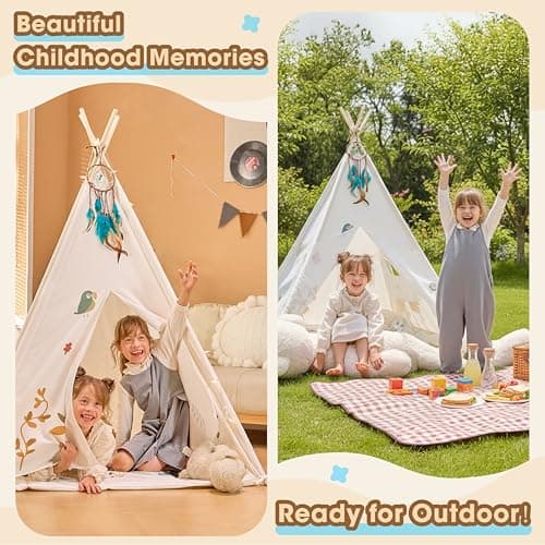 Teepee Tent for Kids with Lights, Kids Play Tent Indoor with Thicked Mat & Dream Catcher, Toddler Tent with Storage Pockets and Mesh Window for Reading Nook and Imaginative Games view 7