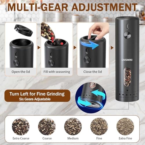 CAISIMIKI Large Capacity Rechargeable Electric Pepper Grinder 2025 New Pepper Mill USB Black Automatic Pepper Mill Adjustable Coarseness Salt Shakers with LED Light One Hand view 4