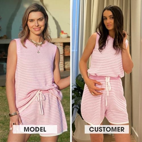 EXLURA Women's Sleeveless Sweater Set 2 Piece Outfits Striped Crewneck Knit Tank Tops and Shorts Summer Sporty Lounge Sets view 2