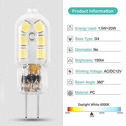 Amazing power G4 LED Bulb, 12V Bi Pin 20W Halogen Bulb Replacement, NOT Dimmable,Daylight White 6000K, 5-Pack view 4