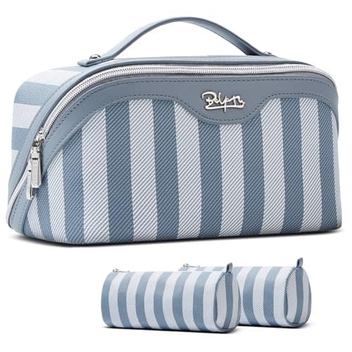 BOYATU Travel Makeup Bag Cosmetic Bag for Women: 3 Pcs Set Make up Bag with Compartments - Waterproof Vegan Leather Toiletry Bags with Handle - Makeup Organizer for Travel Essentials(A-1-Blue)