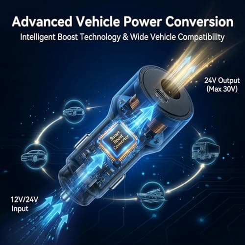 FIRRAX 2 in 1 Starlink Mini Car Adapter 12V to 24V DC Step Up Converter, 6.5FT 20AWG Starlink Mini Cable with Cigarette Lighter Adapter 60W DC + 27W PD Car Power Supply for RVs, Boats, Trucks view 3