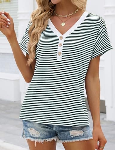 JUSTFASHIONNOW Womens Striped Henley T Shirts Short Sleeve V Neck Summer Tops 2026 Button Front Dressy Casual Blouses view 4