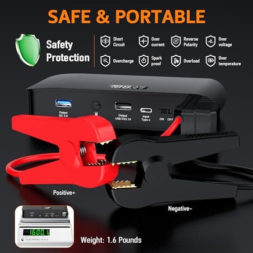 BOOKOO Car Battery Jump Starter 4000A,16000mAh Portable Battery Jumper Cables for Car 8L Gas 7L Diesel Engines,Jump Box with USB QC 3.0 PD 18W Fast Charging,3 LED Modes with SOS for Emergency Use view 5