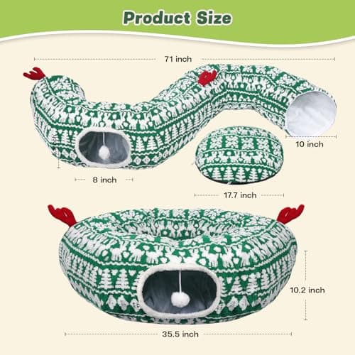 Petrendy Cat Tunnel Bed, Cute Cat Tunnels for Indoor Cats with Washable Mat, Hanging Ball, Collapsible Play Tunnel, Pet Donut Tube Bed Cave, Xmas Party Decor for Kitten, Rabbit, Puppy Gifts view 5