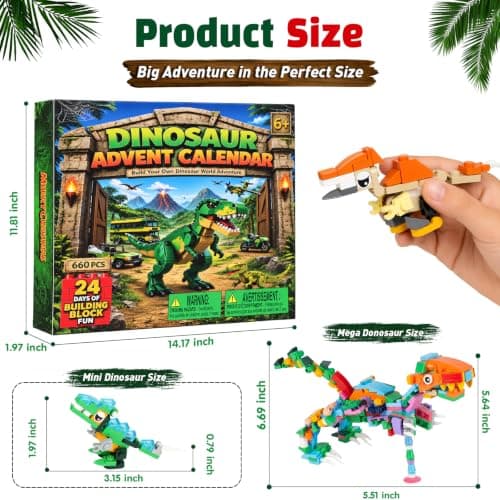 Dinosaur Advent Calendar 2026 for Kids, 24 Day Building Block Countdown Set | Create a Prehistoric Dinosaur World: 2 Ways to Play - 24 Builds or 1 Large Dinosaur, Play Map, Great Gift for Christmas Party view 2