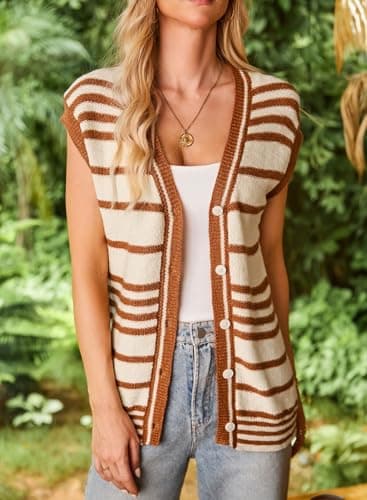 Dokotoo Sweater Vest Women Striped V Neck Button Vest for Women Vest Top Spring Cardigan Sweaters for Women 2025 view 4