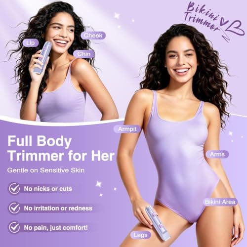 Bikini Trimmer for Women, Electric Razor & Shaver with Dual Ceramic Blades, Painless Hair Removal for Face, Body & Intimate Areas, 90min Cordless Runtime, Waterproof Travel Grooming Kit (Purple) view 5