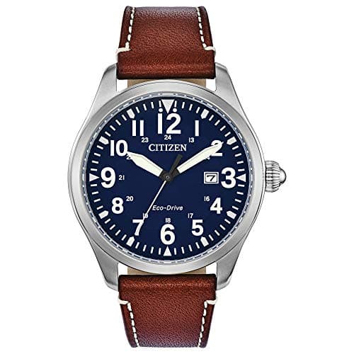 Citizen Men's Eco-Drive Weekender Garrison Field Watch in Stainless Steel with Brown Leather Strap, Blue Dial (Model: BM6838-17L)