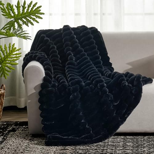 Cozy Bliss Faux Fur Throw Blanket for Couch, Cozy Warm Plush Striped Blanket for Sofa Bedroom Living Room, 50 * 60 Inches Black view 5