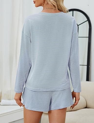 JUSTFASHIONNOW Womens Pajama Sets Striped Two Piece Lounge Sets Long Sleeve Top and Split Shorts Print Sleepwear Comfy Pjs view 5
