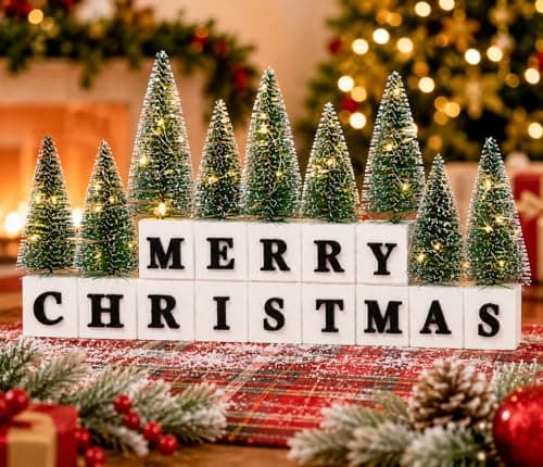 Merry Christmas Table Decor with Warm Lighted Mini Trees and 3D Letters Wooden Christmas Sign for Mantel, Shelf, Fireplace, Entryway, Rustic Farmhouse Indoor Xmas Decor — image 1