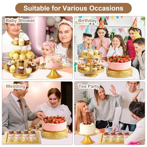 OdoVow 7 Pcs Cake Stand Gold Metal Dessert Table Display Set, 3-Tier Cupcake Stand, Cake Display Tower and Cookie Tray Rack Serving Tray for Birthday Party, Weddings, Baby Shower (Gold) view 7