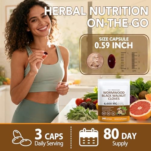 18-in-1 Wormwood Black Walnut Clove Herbal Softgels, Rapid Gut Cleanse & Digestive Health with Black Walnut Hull, Wormwood, Clove, Garlic, Oregano, Pumpkin Seed, Easy-to-Swallow, 240 Softgels view 5